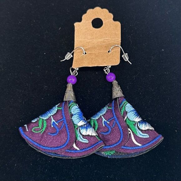 NWOT Xinyao Handmade Mexican Dangle Earrings Women's Blue Embroidered Floral - Picture 5 of 7